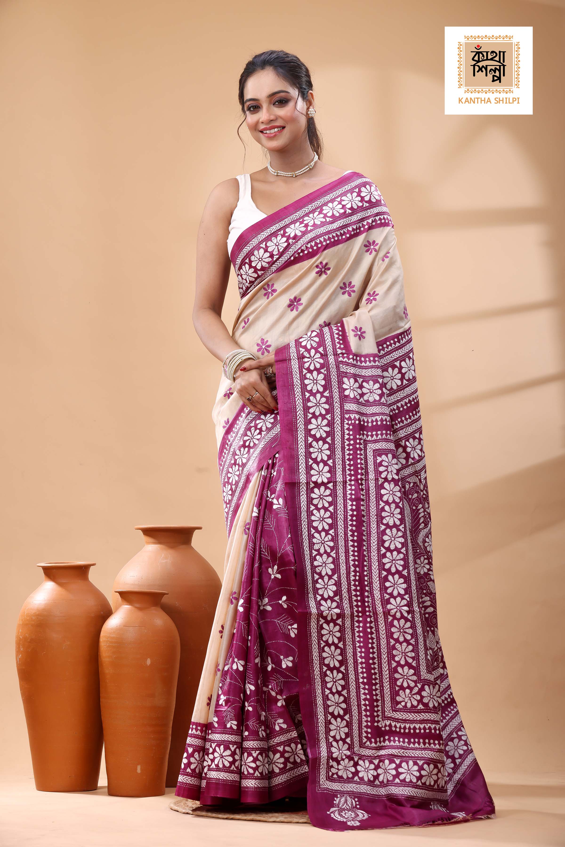 Pure Dye Gachi Tussar White Color Thread Work Kantha Stitch Saree