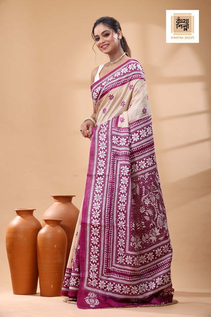 Pure Dye Gachi Tussar White Color Thread Work Kantha Stitch Saree
