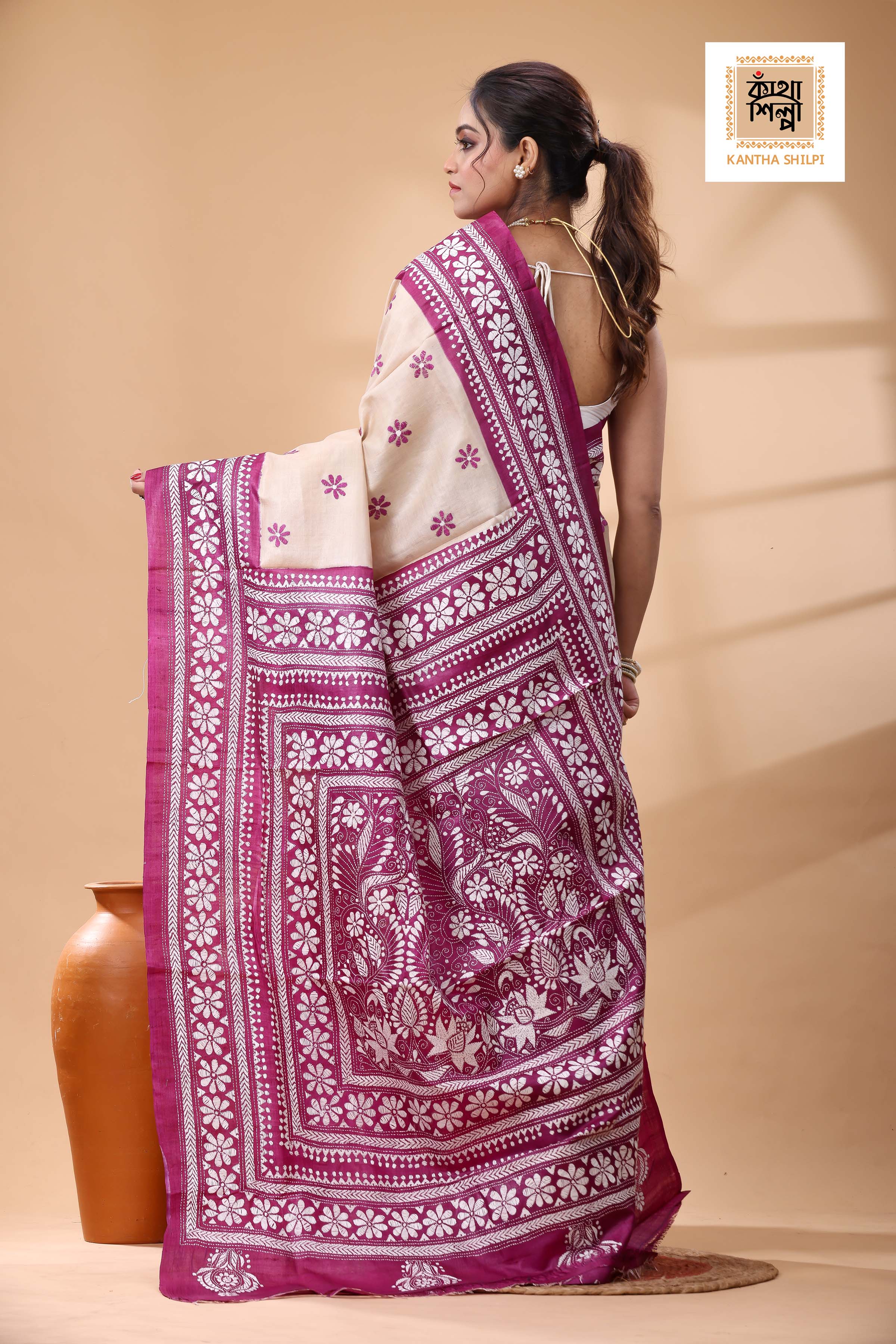 Pure Dye Gachi Tussar White Color Thread Work Kantha Stitch Saree