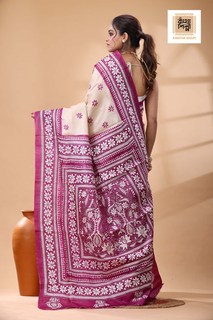 Pure Dye Gachi Tussar White Color Thread Work Kantha Stitch Saree