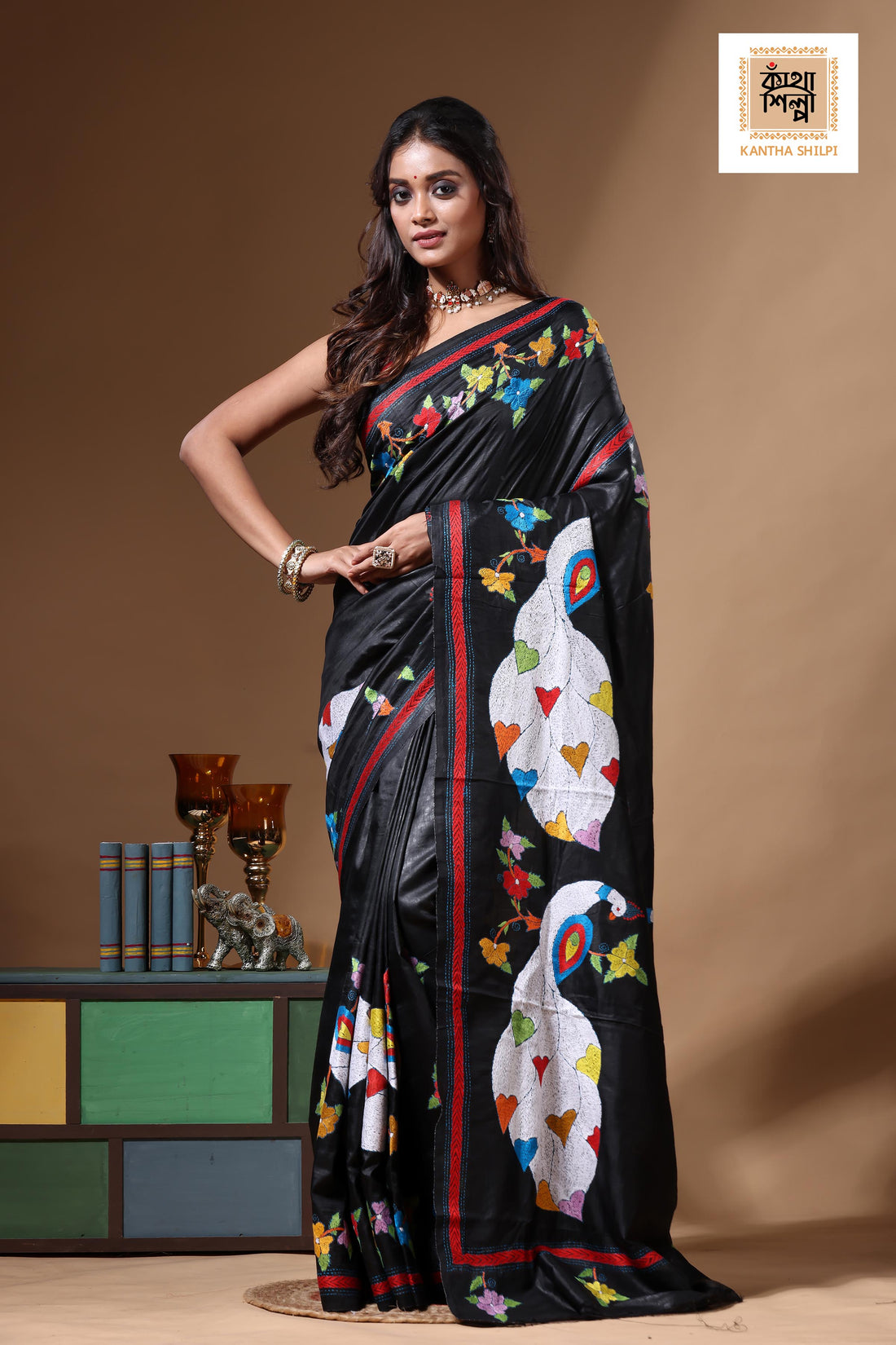 Black Pure Bishnupuri Silk(Katan) Kantha Stitch Saree SN2630668