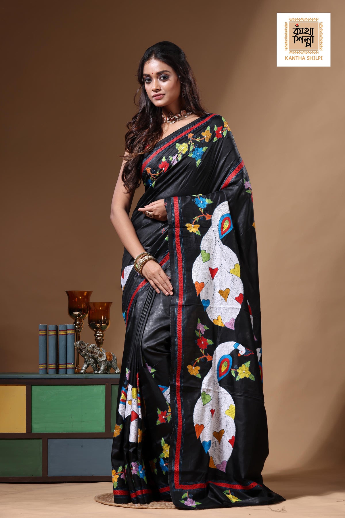 Black Pure Bishnupuri Silk(Katan) Kantha Stitch Saree SN2630668