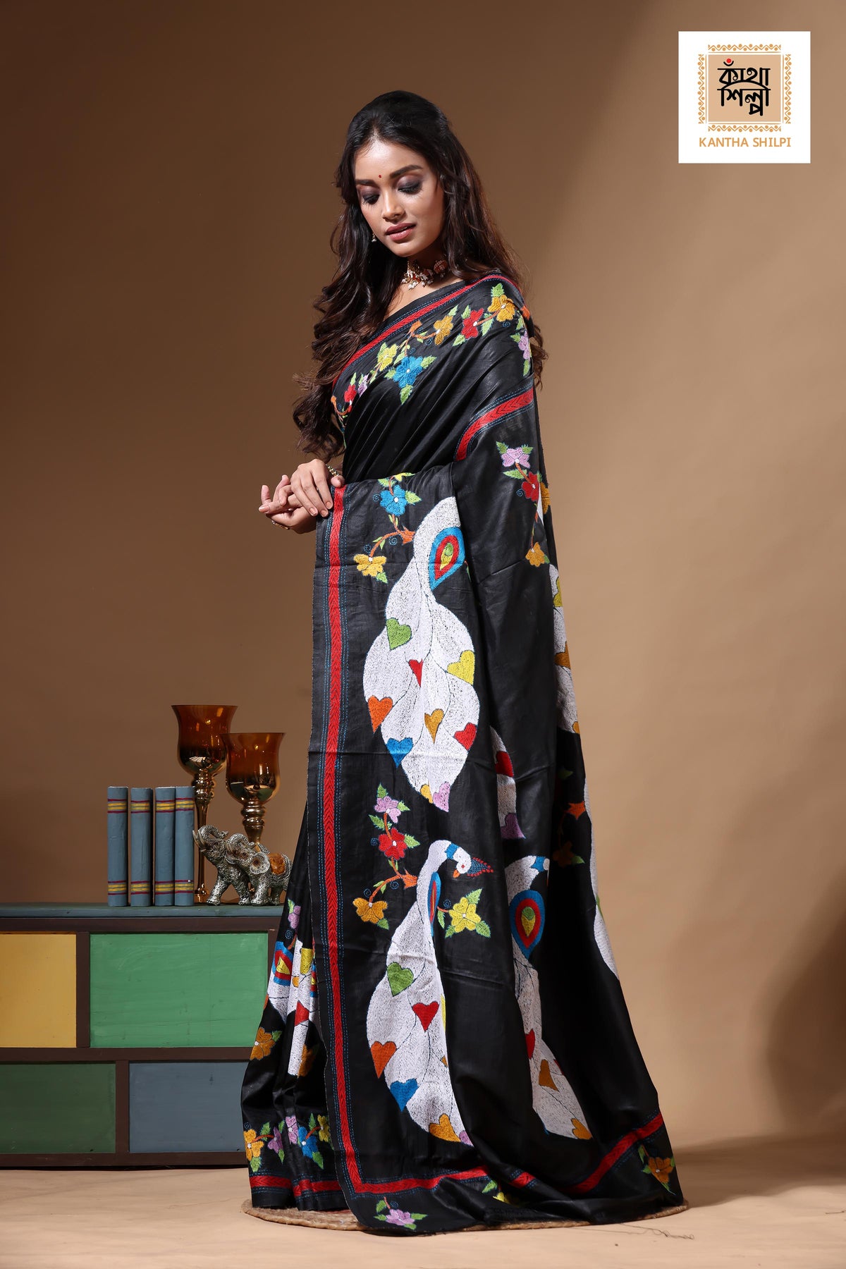 Black Pure Bishnupuri Silk(Katan) Kantha Stitch Saree SN2630668