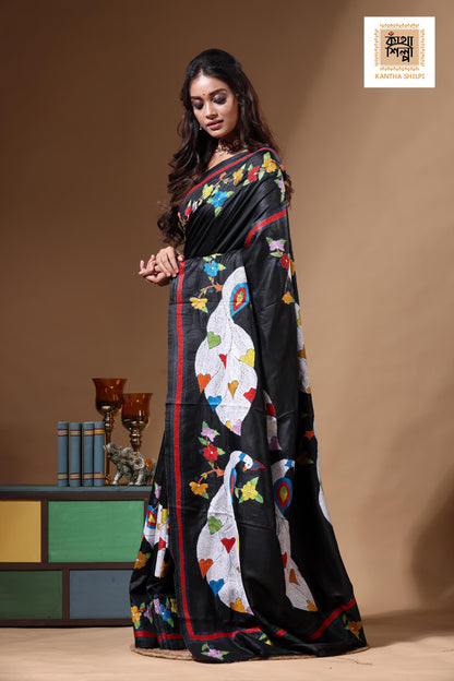 Black Pure Bishnupuri Silk(Katan) Kantha Stitch Saree SN2630668