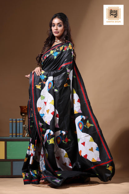 Black Pure Bishnupuri Silk(Katan) Kantha Stitch Saree SN2630668