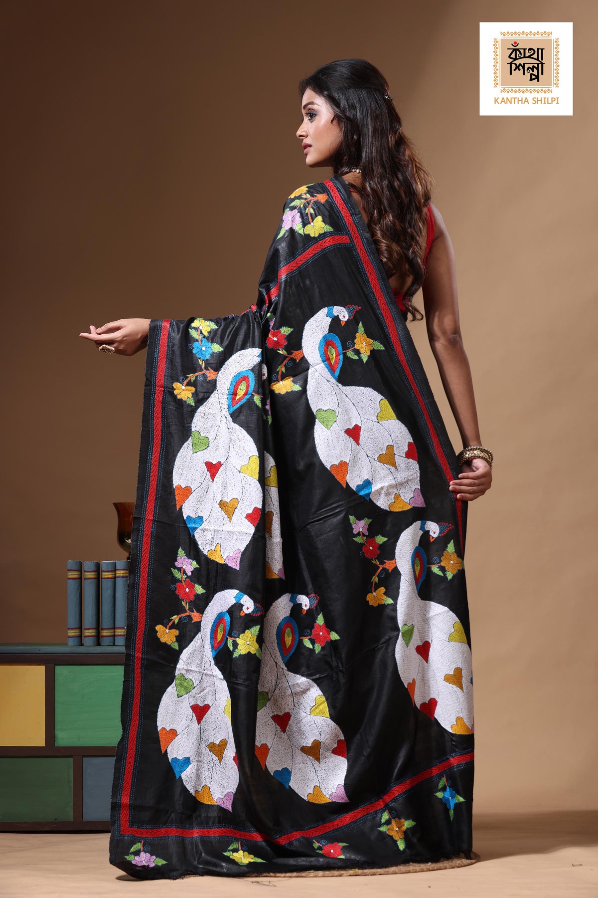 Black Pure Bishnupuri Silk(Katan) Kantha Stitch Saree SN2630668