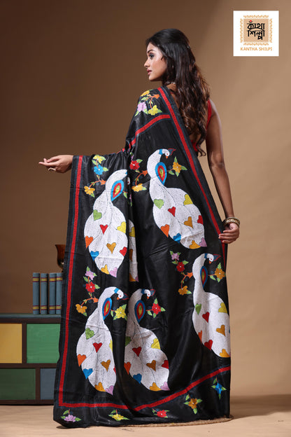 Black Pure Bishnupuri Silk(Katan) Kantha Stitch Saree SN2630668