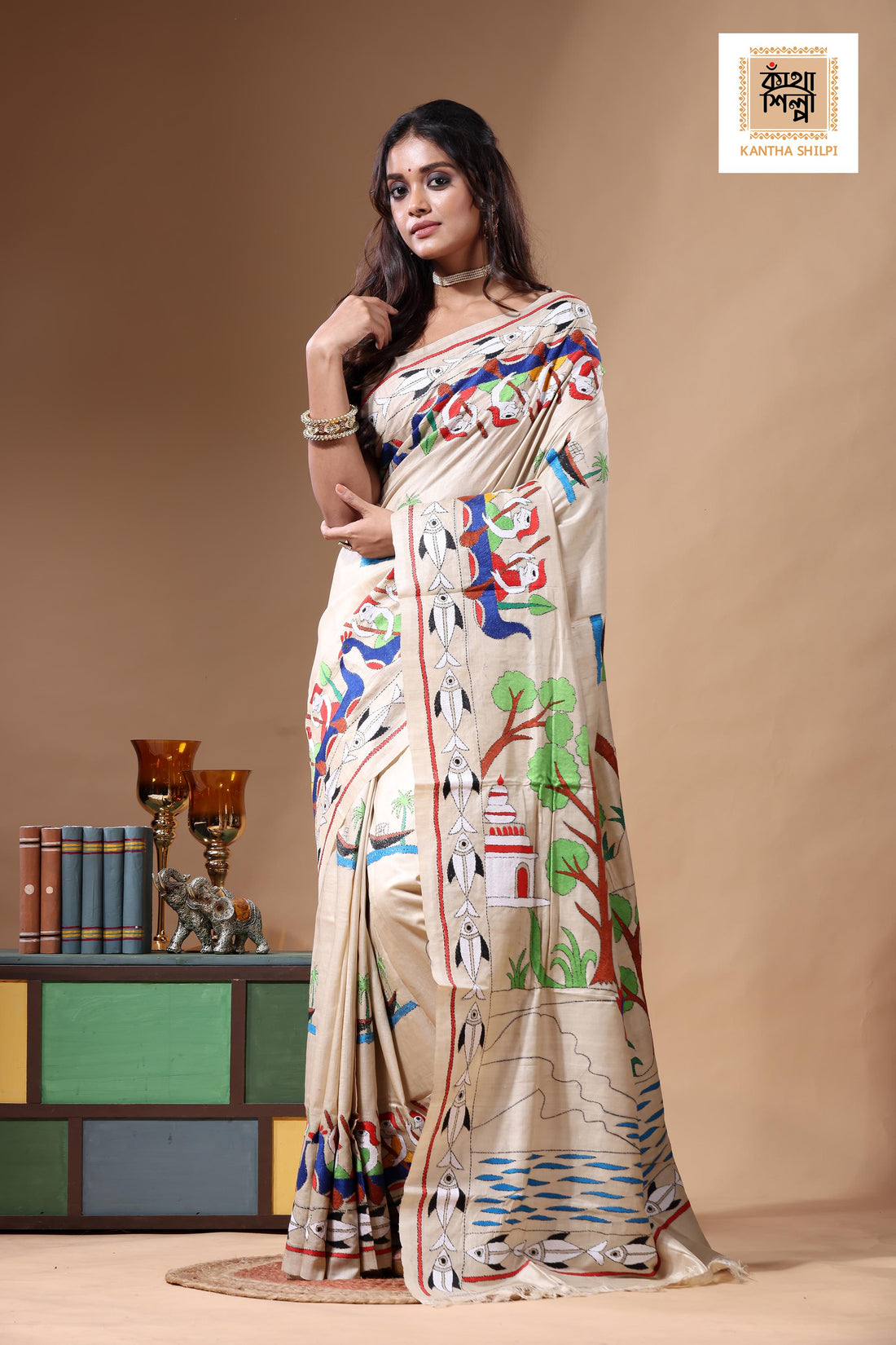Pure Gachi Tussar Kantha Stitch Saree SN2630789
