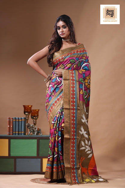 Zari Border Pure Tussar Kantha Stitch Saree SN2630812