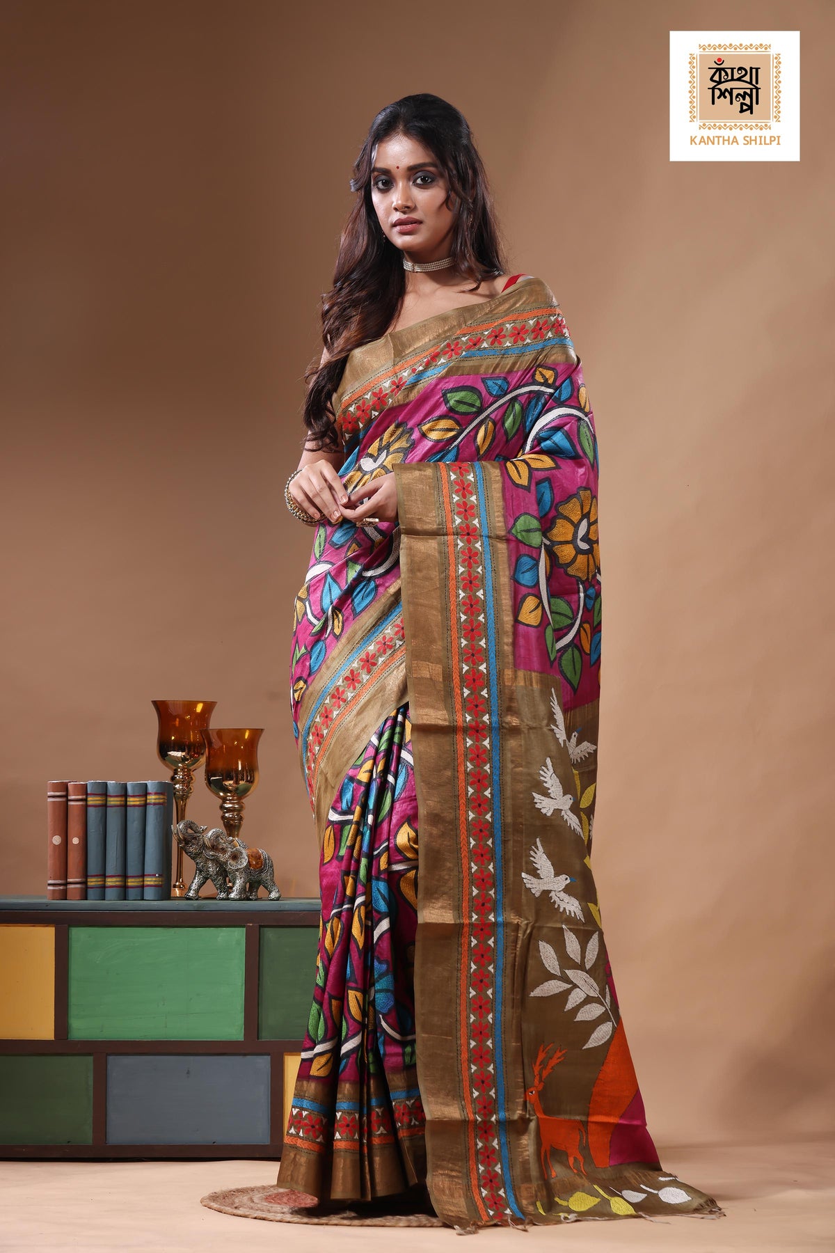 Zari Border Pure Tussar Kantha Stitch Saree SN2630812