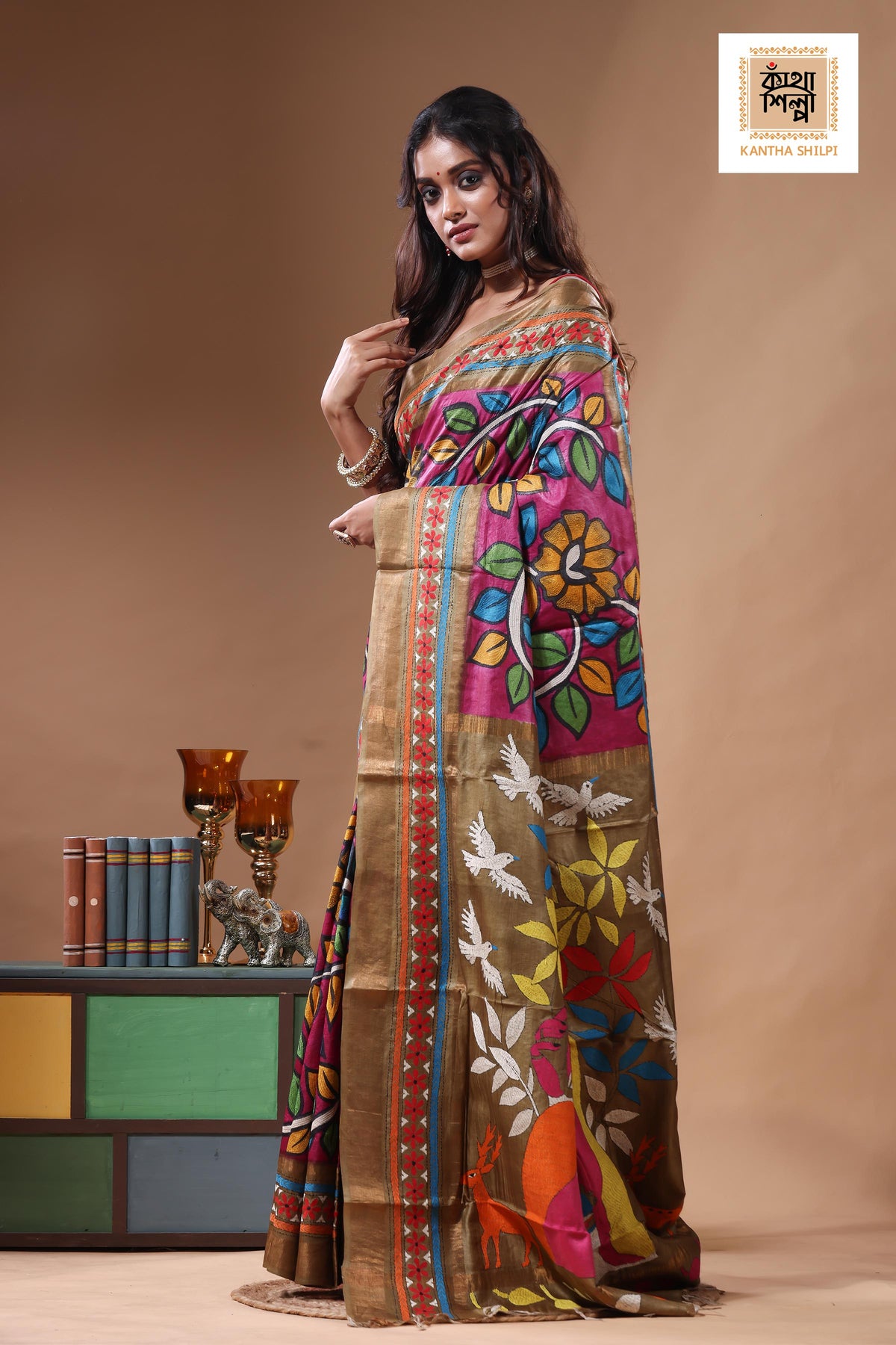 Zari Border Pure Tussar Kantha Stitch Saree SN2630812