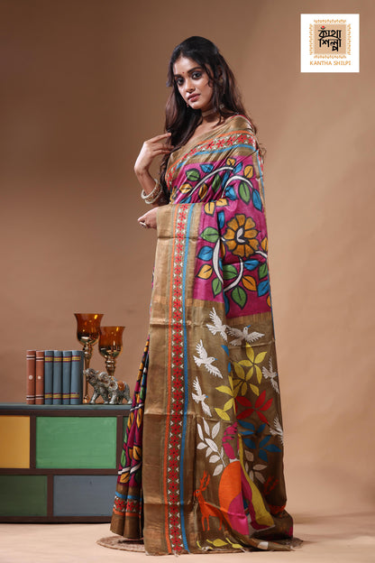 Zari Border Pure Tussar Kantha Stitch Saree SN2630812