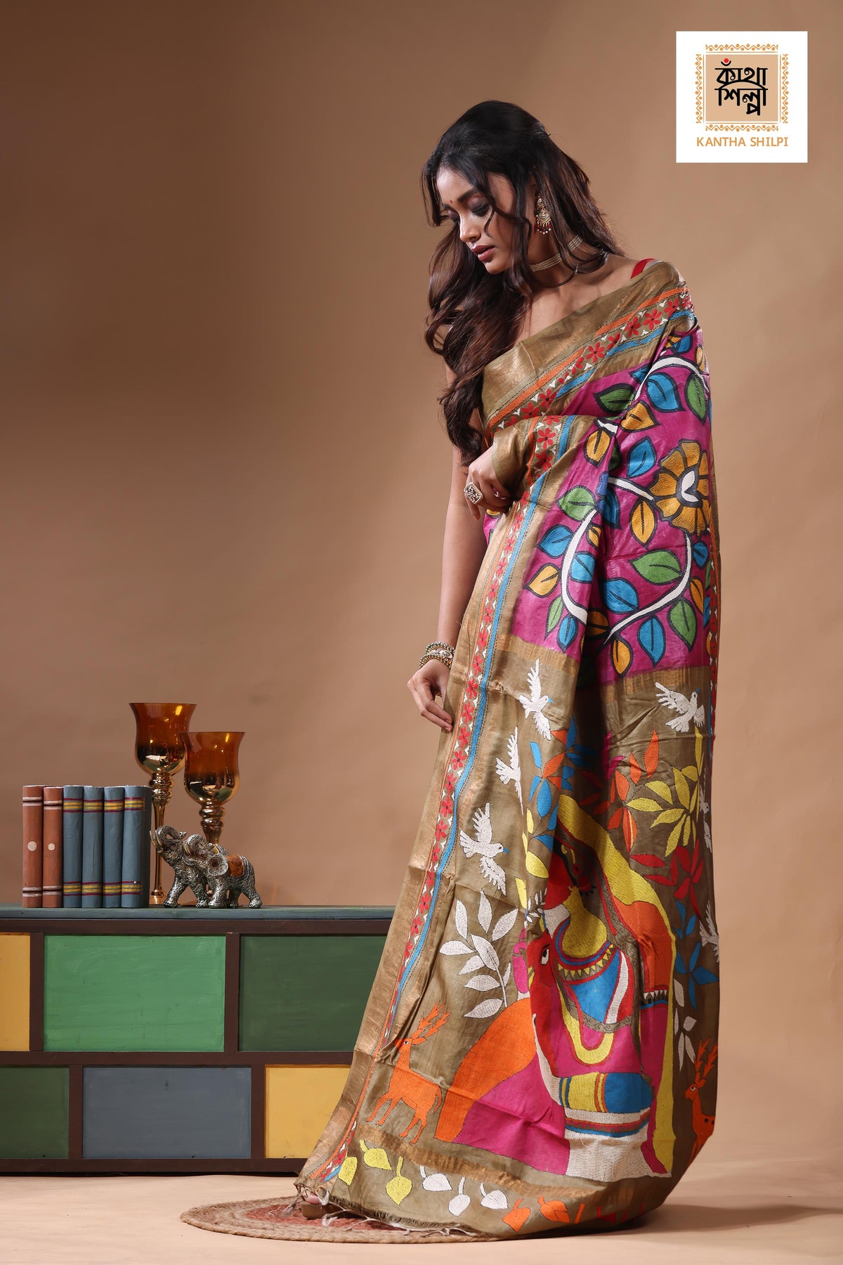 Zari Border Pure Tussar Kantha Stitch Saree SN2630812