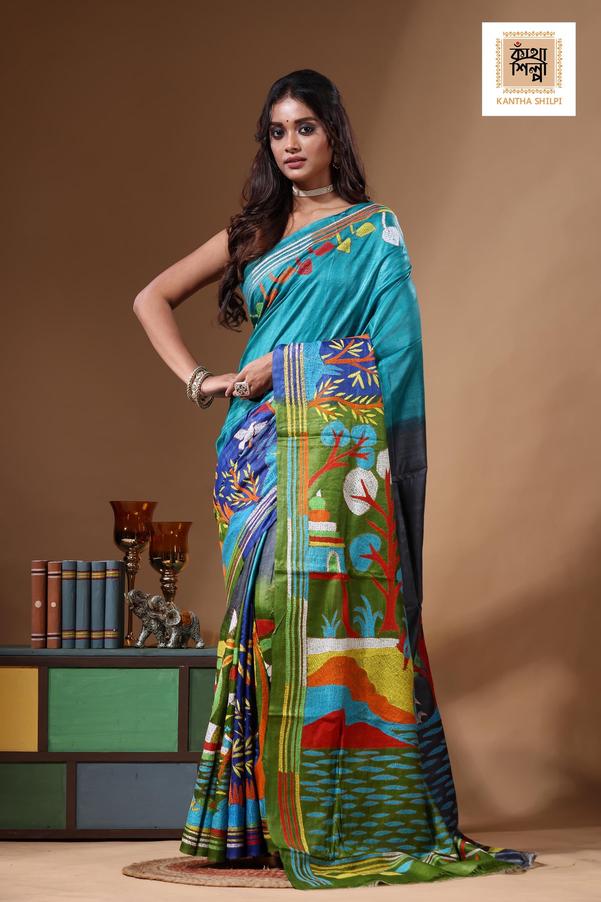Dye Pure Gachi Tussar Kantha Stitch Saree SN2630854