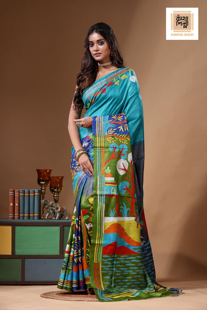 Dye Pure Gachi Tussar Kantha Stitch Saree SN2630854