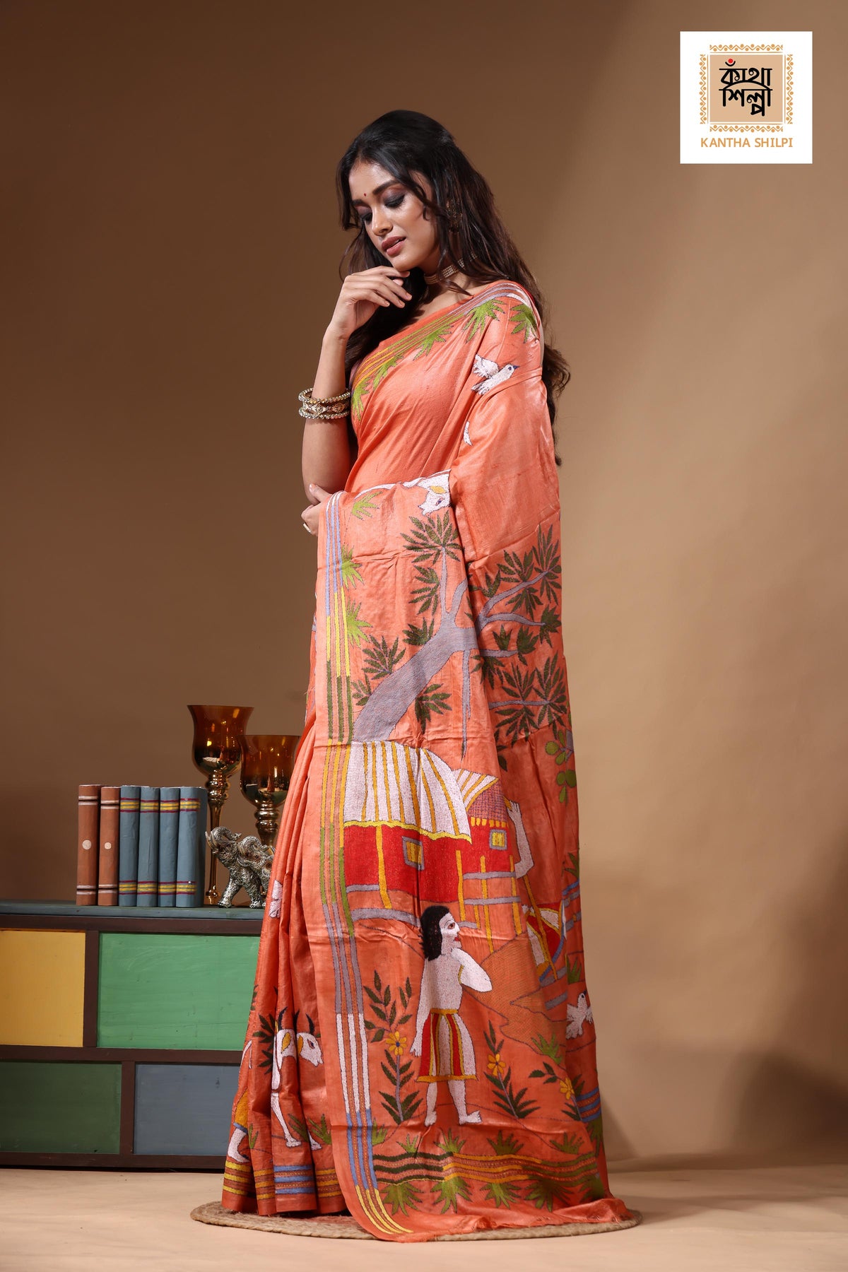 Dye Pure Gachi Tussar Kantha Stitch Saree SN2631116
