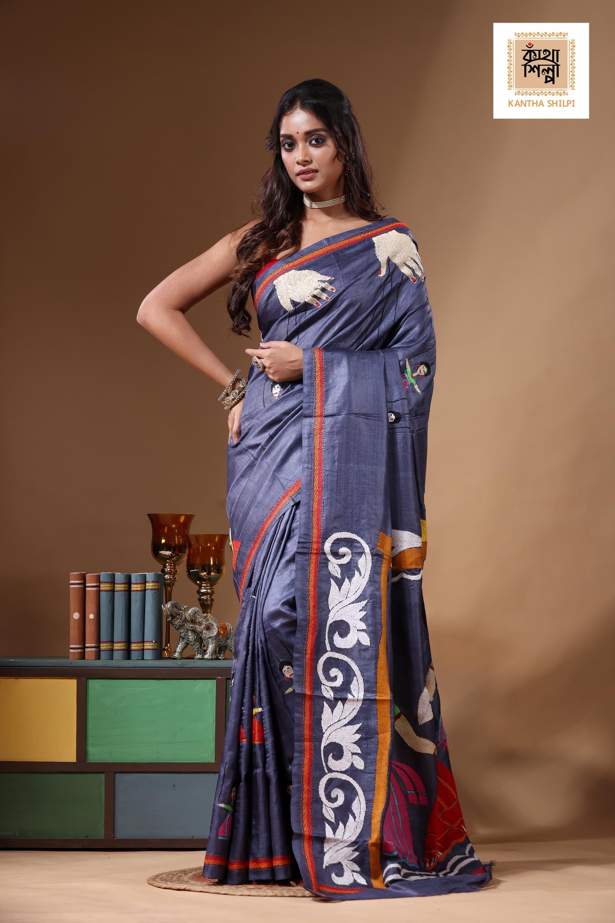 Dye Pure Gachi Tussar Kantha Stitch Saree SN2631153