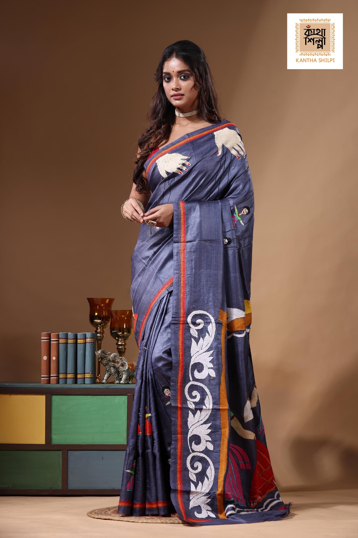 Dye Pure Gachi Tussar Kantha Stitch Saree SN2631153