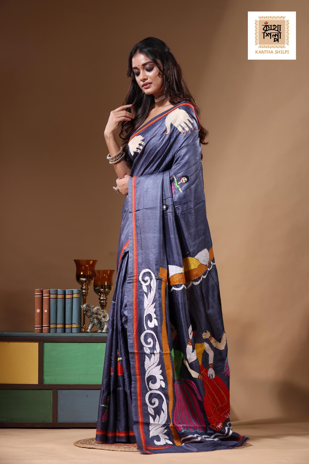 Dye Pure Gachi Tussar Kantha Stitch Saree SN2631153