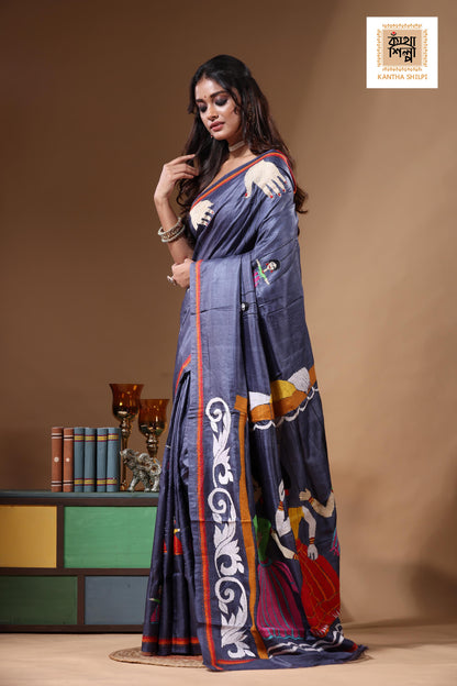 Dye Pure Gachi Tussar Kantha Stitch Saree SN2631153