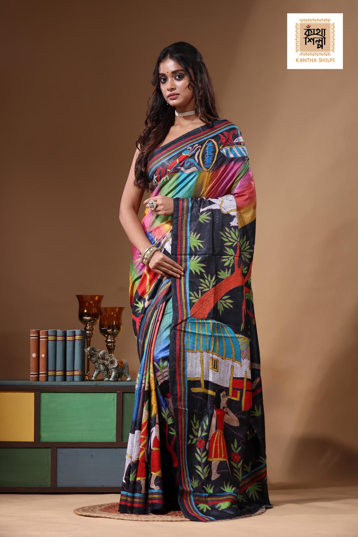 Dye Pure Gachi Tussar Kantha Stitch Saree SN2631171