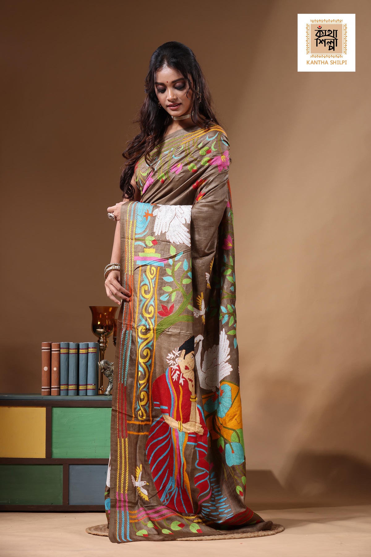 Dye Pure Gachi Tussar Kantha Stitch Saree SN2631183
