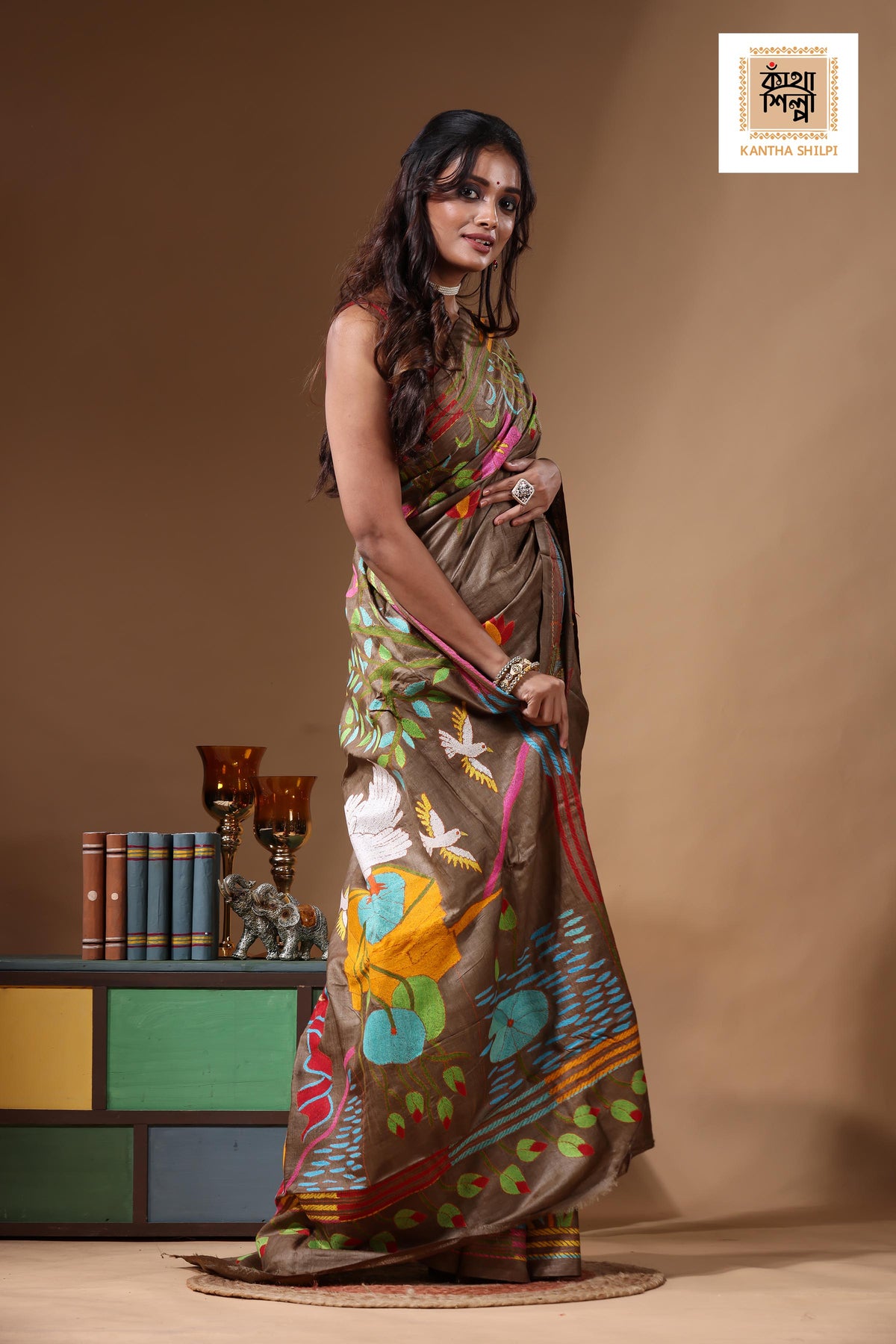 Dye Pure Gachi Tussar Kantha Stitch Saree SN2631183