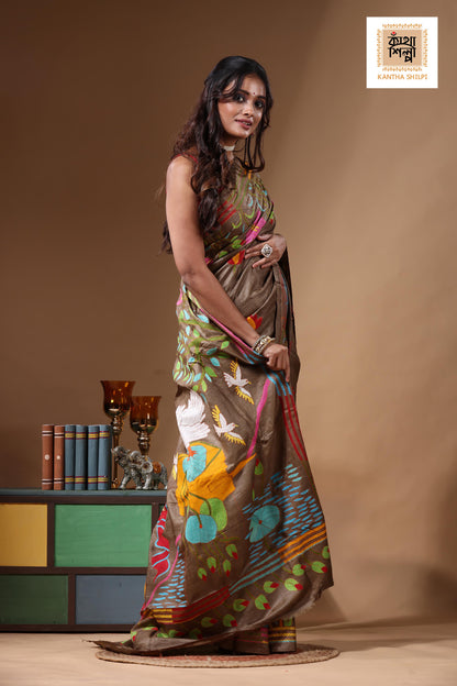 Dye Pure Gachi Tussar Kantha Stitch Saree SN2631183