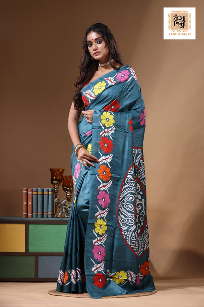 Dye Pure Gachi Tussar Kantha Stitch Saree SN2631189