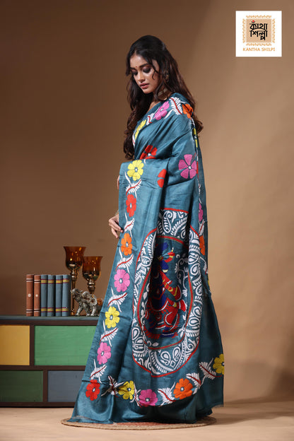 Dye Pure Gachi Tussar Kantha Stitch Saree SN2631189
