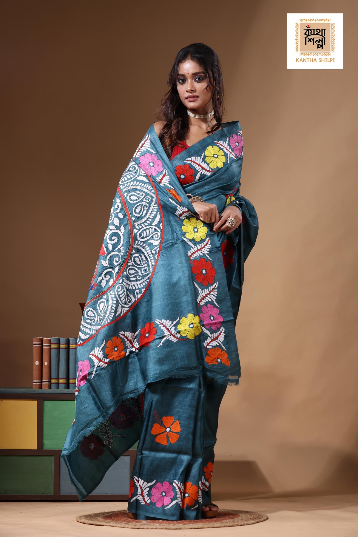 Dye Pure Gachi Tussar Kantha Stitch Saree SN2631189