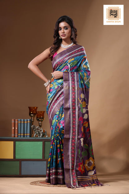 Zari Border Pure Tussar Kantha Stitch Saree SN2631286
