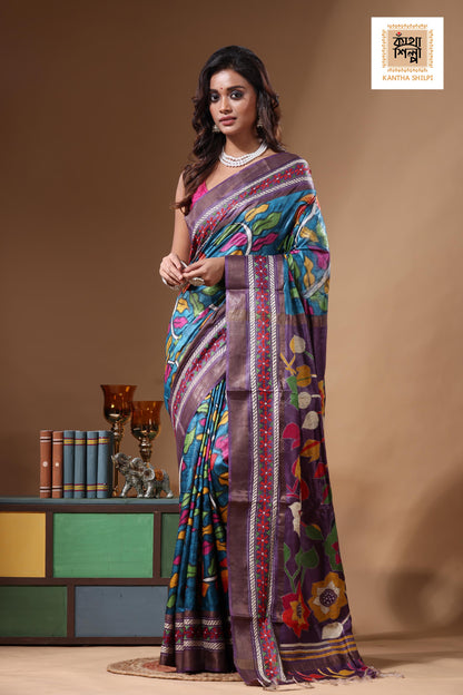 Zari Border Pure Tussar Kantha Stitch Saree SN2631286