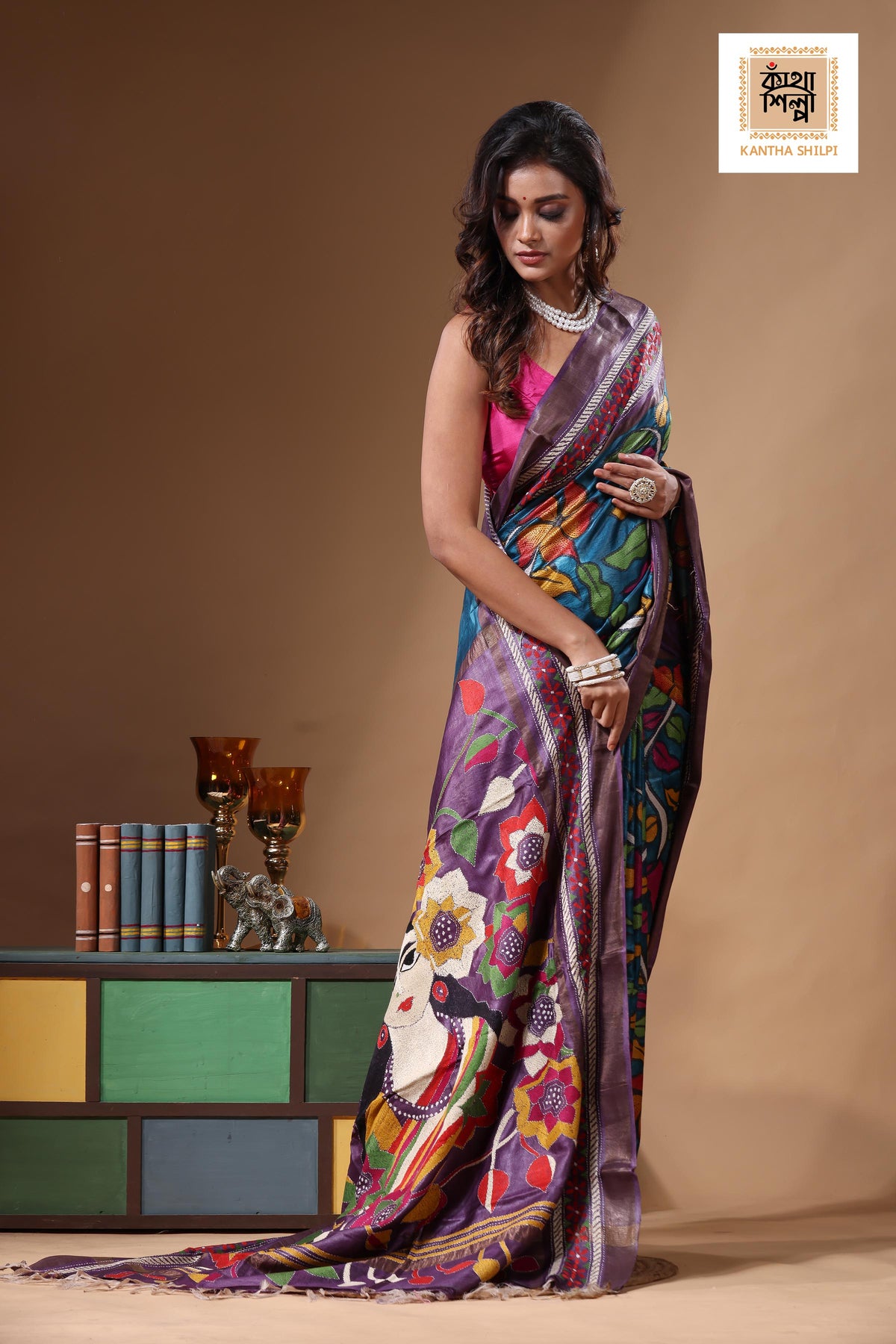 Zari Border Pure Tussar Kantha Stitch Saree SN2631286