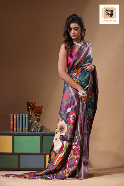 Zari Border Pure Tussar Kantha Stitch Saree SN2631286