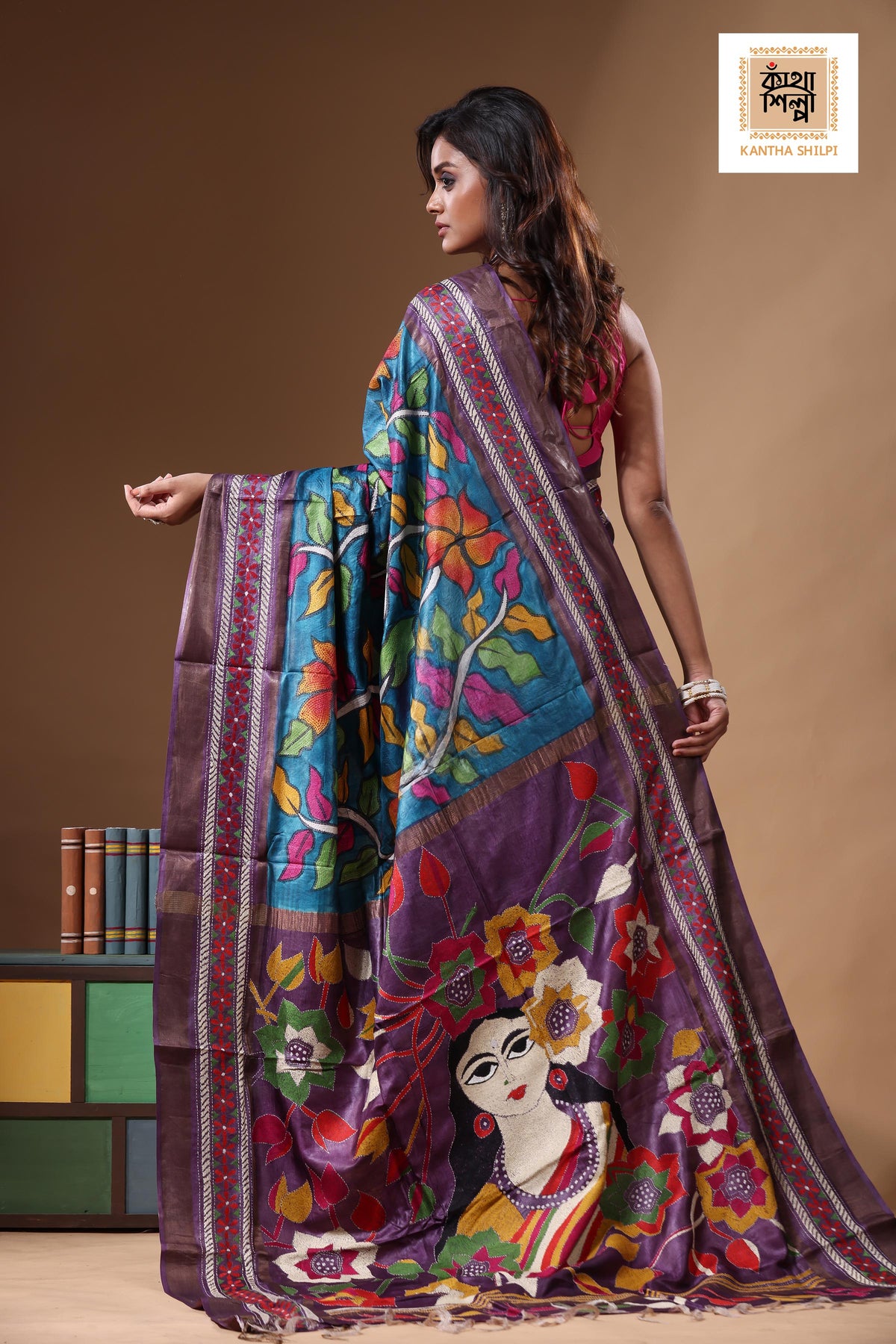 Zari Border Pure Tussar Kantha Stitch Saree SN2631286