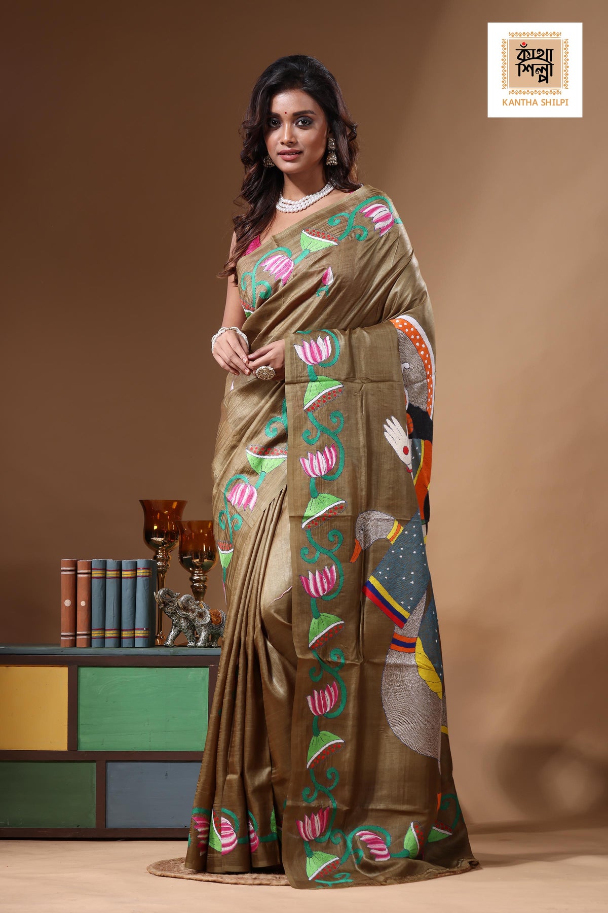 Dye Pure Gachi Tussar Kantha Stitch Saree SN2631304