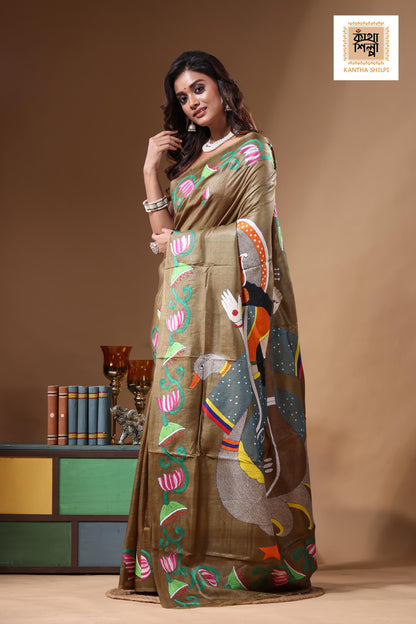 Dye Pure Gachi Tussar Kantha Stitch Saree SN2631304
