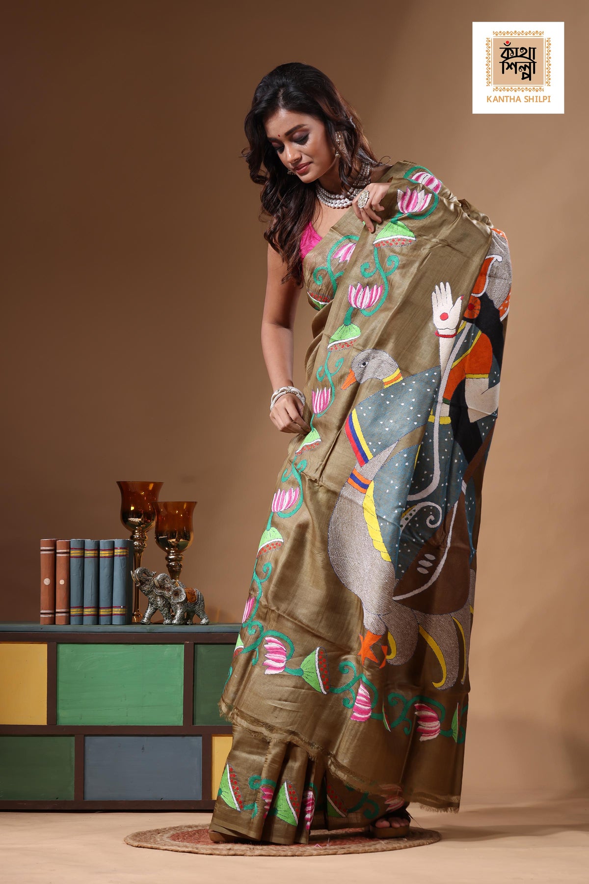 Dye Pure Gachi Tussar Kantha Stitch Saree SN2631304