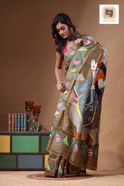 Dye Pure Gachi Tussar Kantha Stitch Saree SN2631304