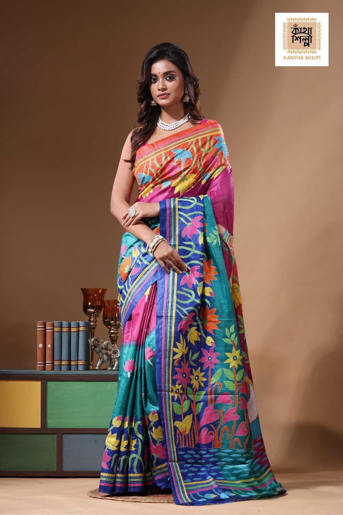 Dye Pure Gachi Tussar Kantha Stitch Saree SN2631328