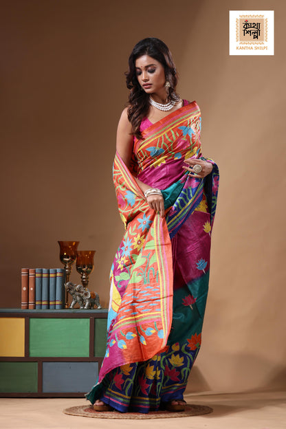 Dye Pure Gachi Tussar Kantha Stitch Saree SN2631328