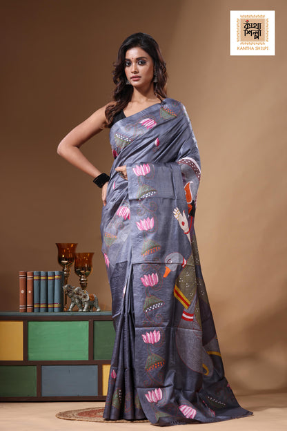 Dye Pure Gachi Tussar Kantha Stitch Saree SN2631439