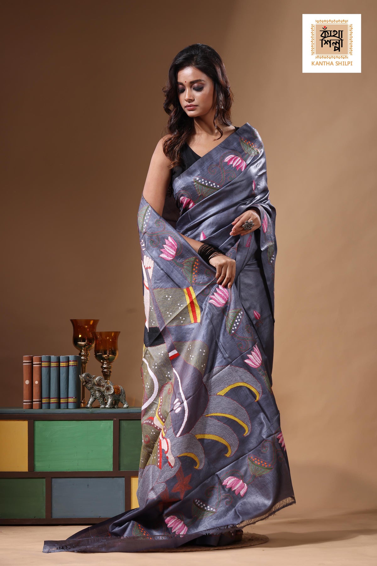 Dye Pure Gachi Tussar Kantha Stitch Saree SN2631439