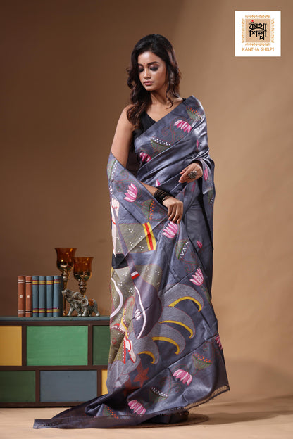 Dye Pure Gachi Tussar Kantha Stitch Saree SN2631439