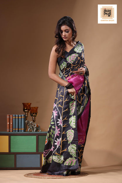 Dye Pure Gachi Tussar Kantha Stitch Saree SN2631492