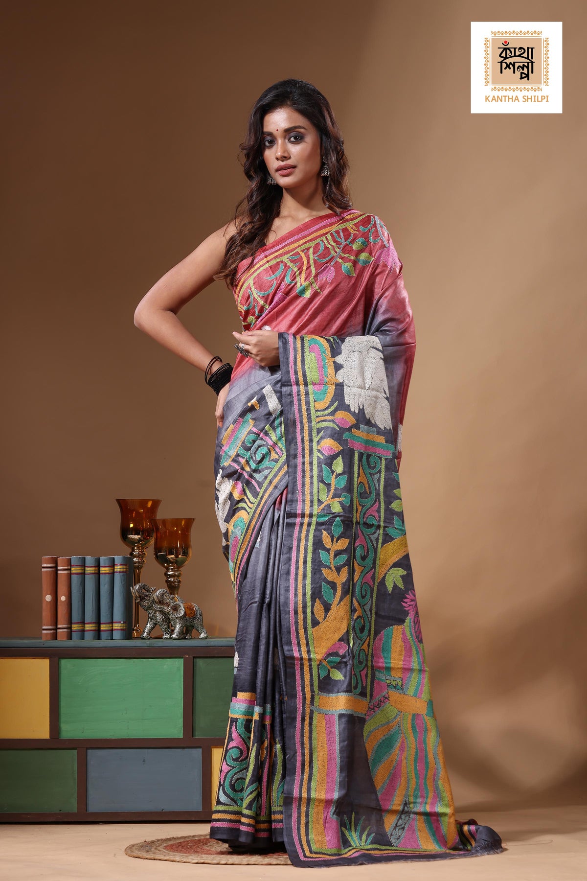 Dye Pure Gachi Tussar Kantha Stitch Saree SN2631535