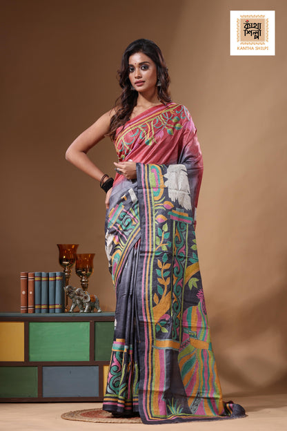 Dye Pure Gachi Tussar Kantha Stitch Saree SN2631535