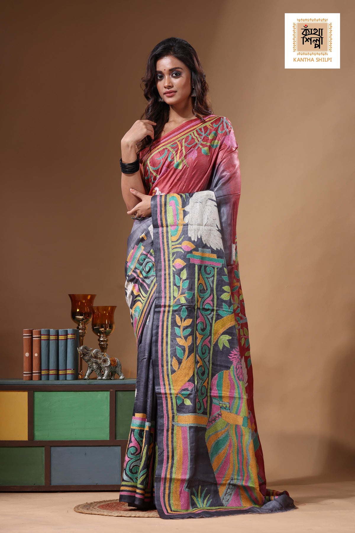 Dye Pure Gachi Tussar Kantha Stitch Saree SN2631535