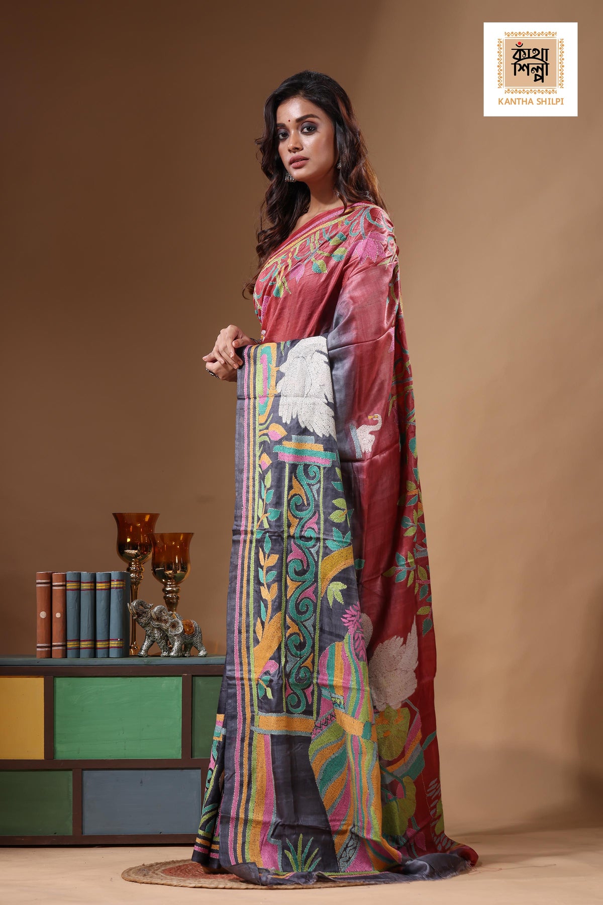 Dye Pure Gachi Tussar Kantha Stitch Saree SN2631535